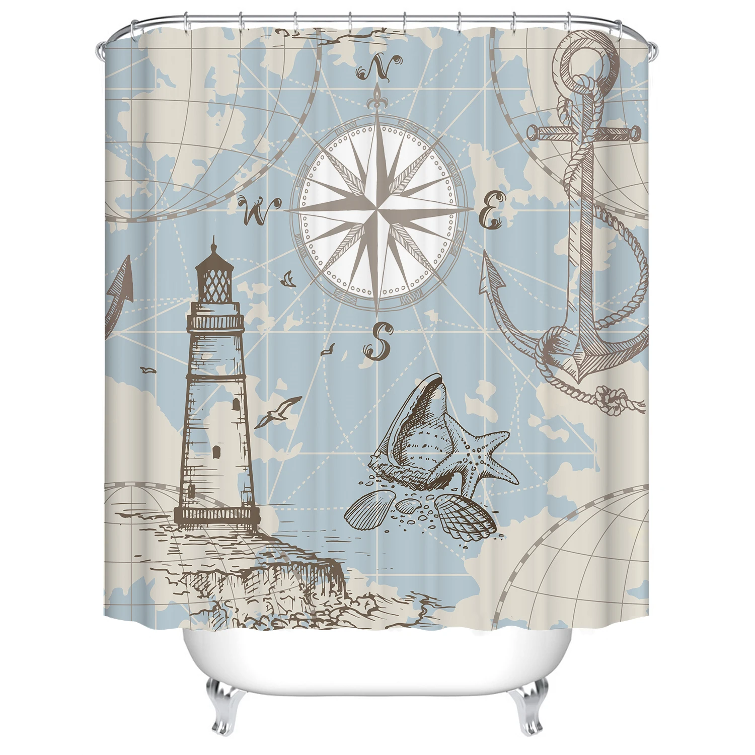 

Nautical Theme Shower Curtain Vintage Sea Map with Compass Lighthouse Anchor and Seashells and Prints Old