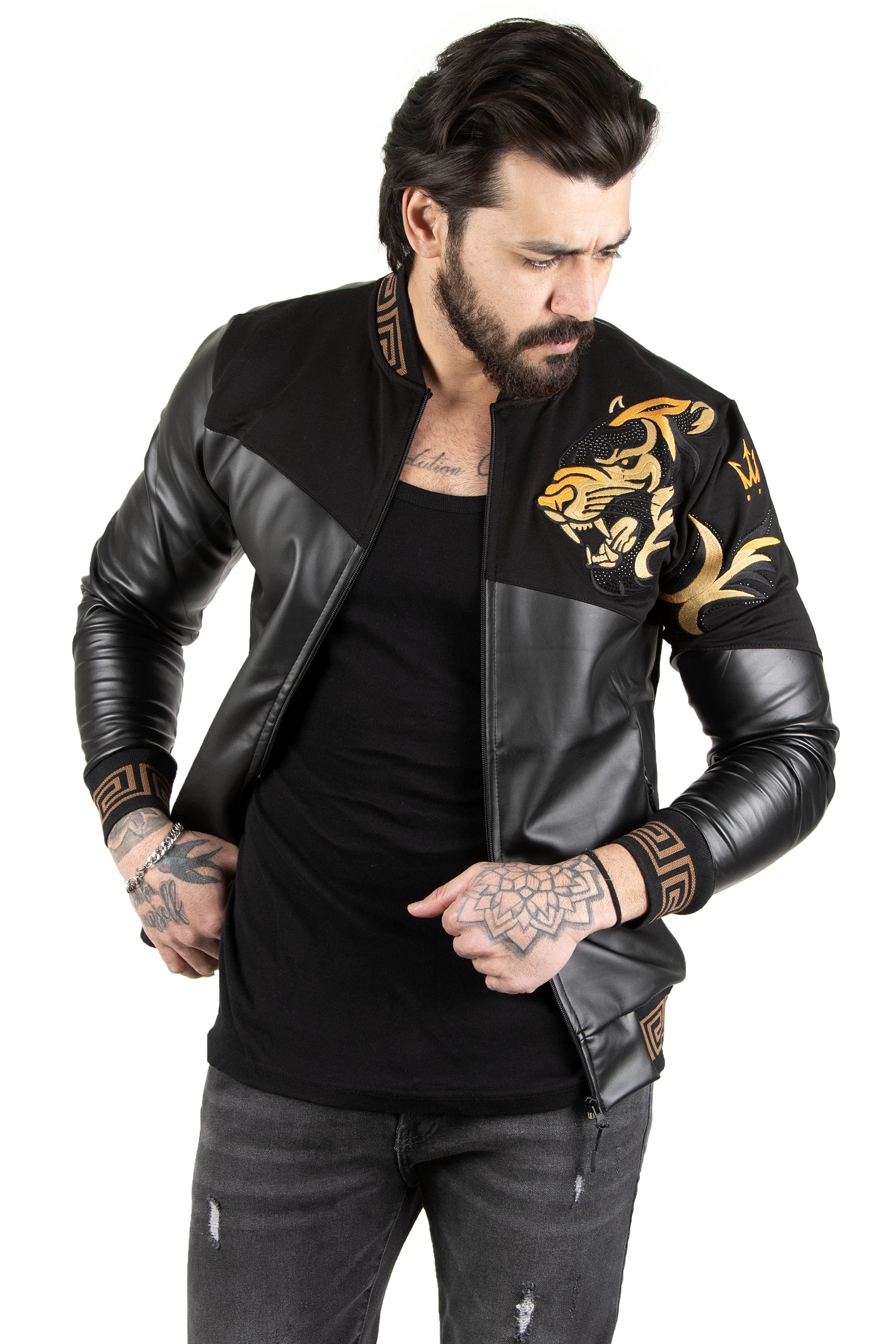 DeepSEA Geometric Pattern Cubic Zirconia Synthetic Leather Men 'S Coat 2200367