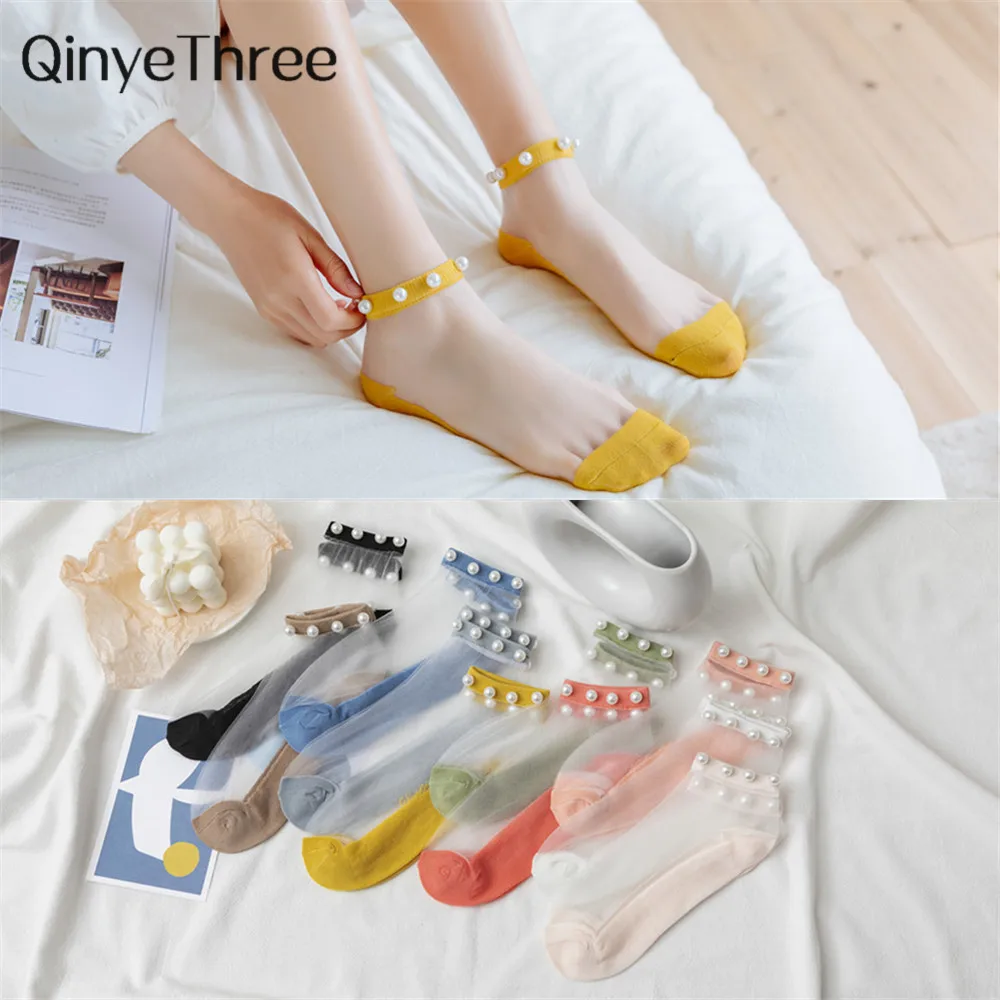 Sokken-calcetines tobilleros transpirables con perlas finas para mujer, medias invisibles de encaje, estilo coreano, novedad de primavera