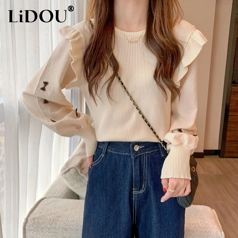 

Spring Autumn Ruffles Bow Patchwork Elegant Fashion Sweet Sweater Ladies Fake Two Piece Loose Casual Pullover All-match Jumper