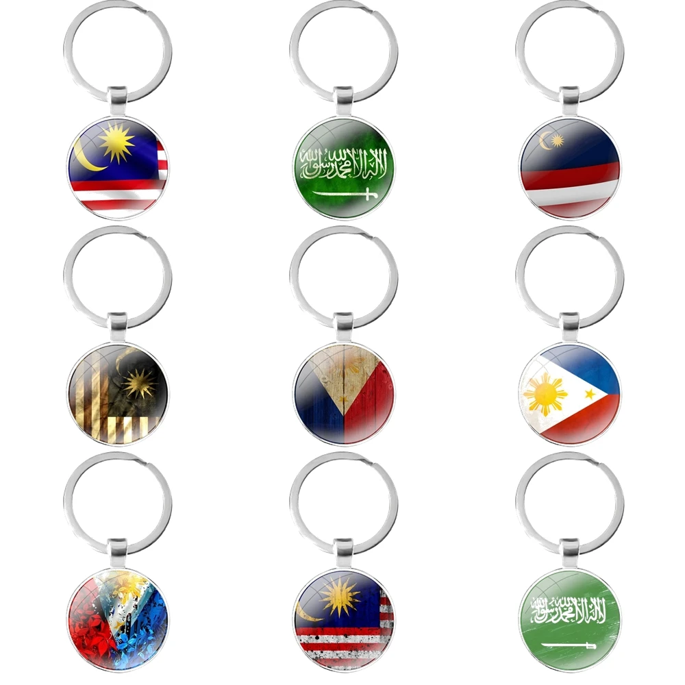 

Design Decor Malaysia Saudi Arabia Philippines Flag glass cabochon keychain Bag Car key chain Ring Holder Charms keychains Gifts