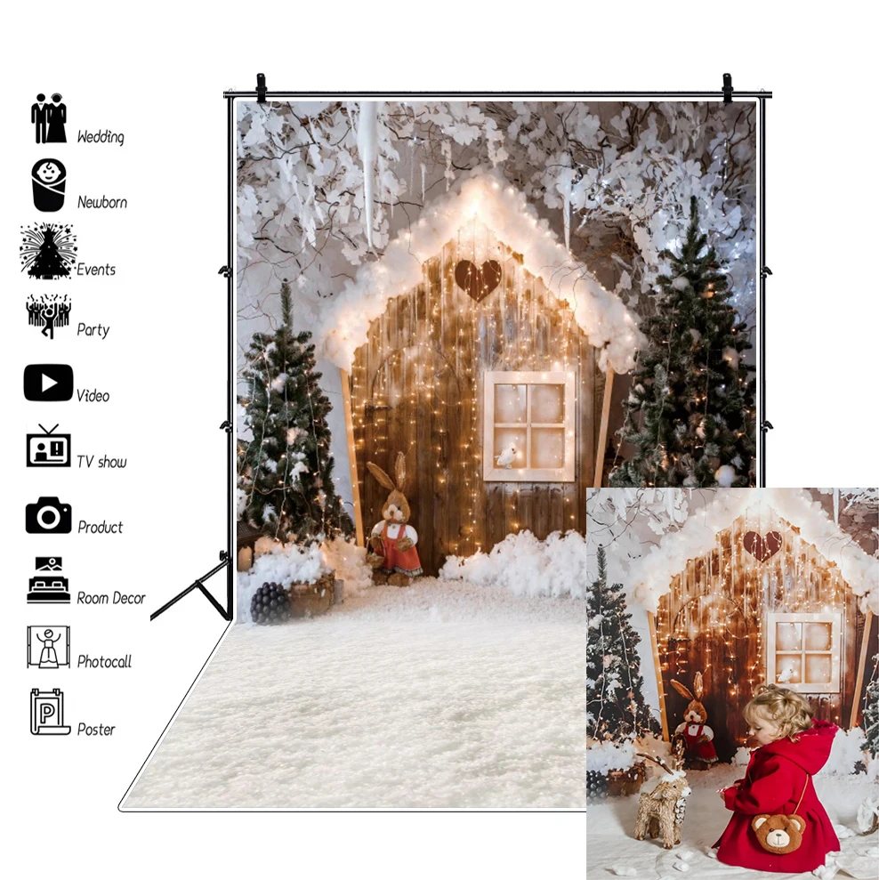 Christmas Wood Floor Backdrop Winter Snow Xmas Tree Gift Family Party Background New Year Decoration