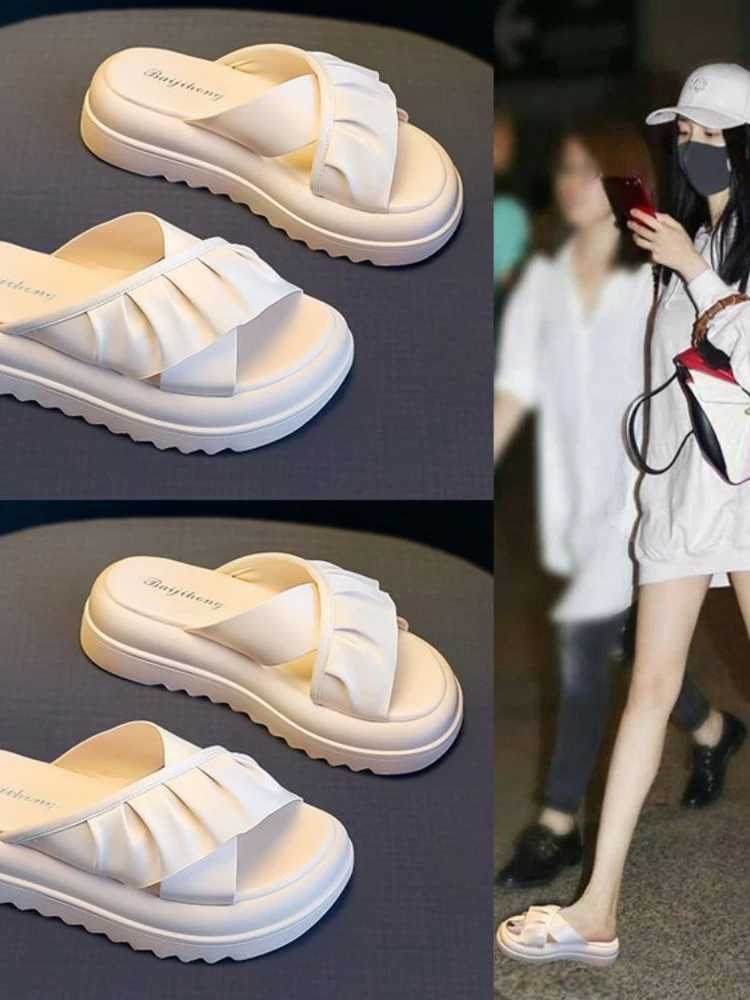 

New thick soled slippers women wear fairy wind lotus leaf edge muffin outside in summer, leisure seaside resort beach shoes