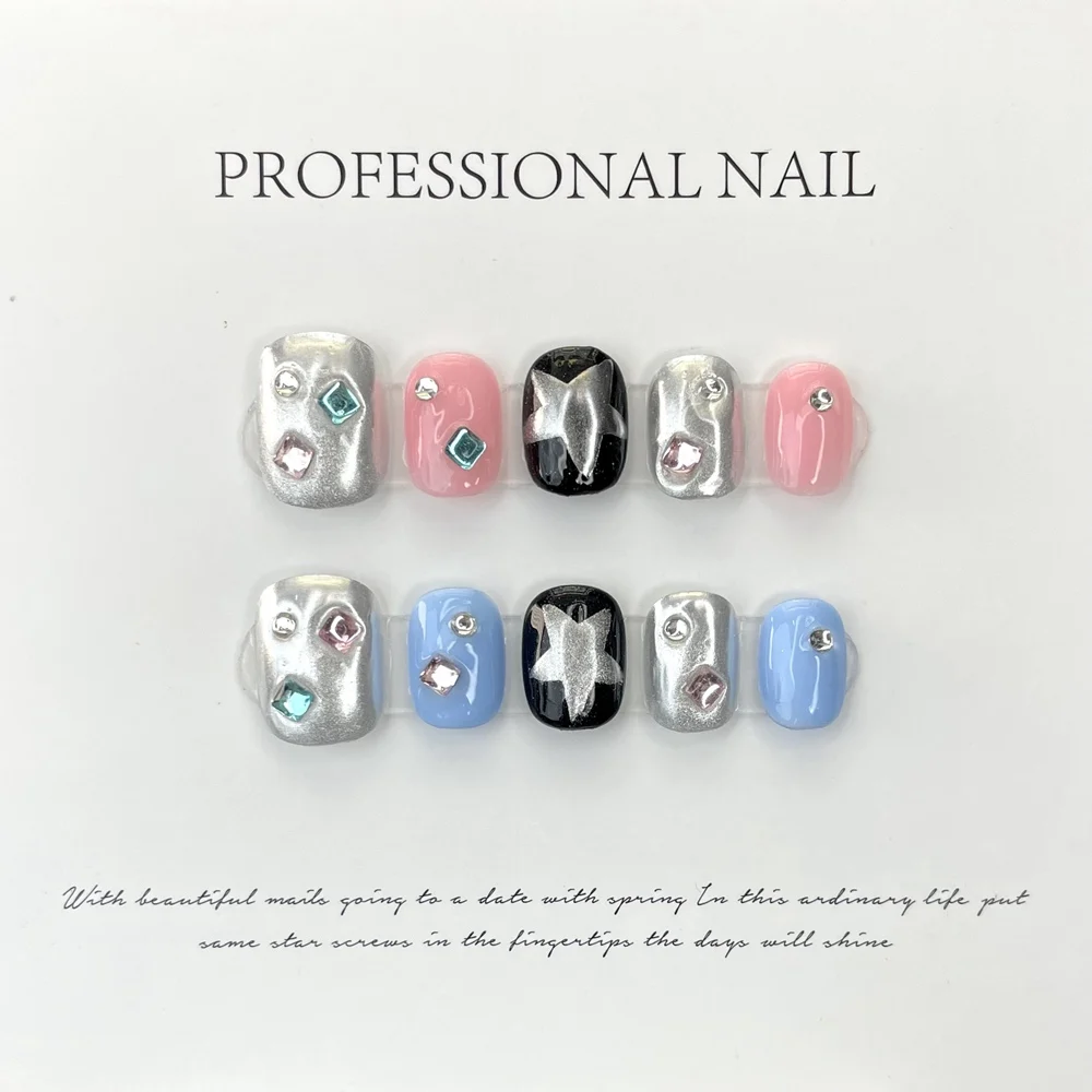 

Handmade Y2k Press on Nails Short Cute Pink Blue Korean Adhesive False Nails Artifical Acrylic Star Nail Tip Full Cover Nail Art