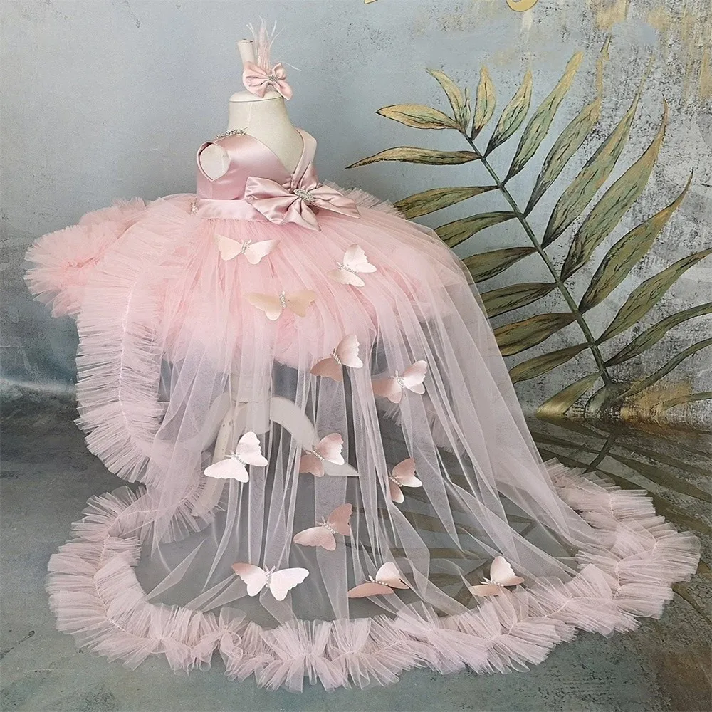 

2023 детское платье без рукавов с цветочным рисунком, пышное розовое детское платье со шлейфом и бантом, милый детский костюм принцессы для первого причастия, дня рождения