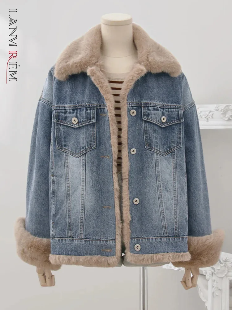 

LANMREM Streetwear Thick Warm Denim Jacket Women Lapel Pockets Single Breasted Coat Vintage 2023 Winter New Clothing 32C361