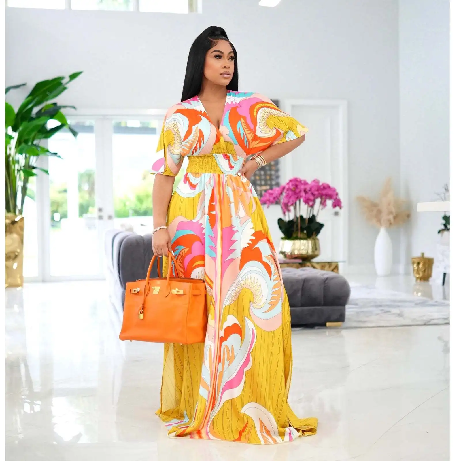 

Summer Casual Maxi Dress for Women Fashion Elegant Print Vacation Style V-neck Short-sleeved Maxi Dress Women
