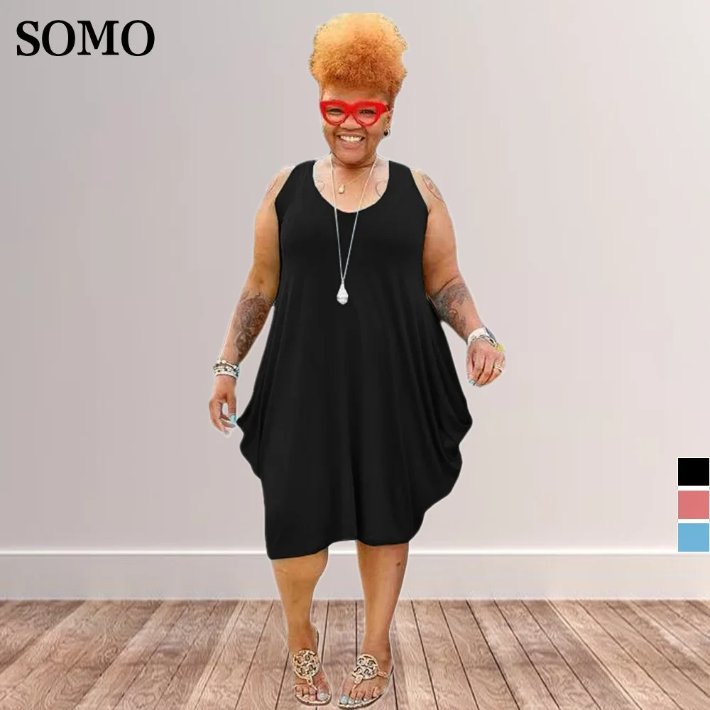 

XL-5XL Women Casual Dresses Solid Color O-neck Loose Sleeveless Irregular Casual Plus Size Midi Dress Wholesale Dropshipping