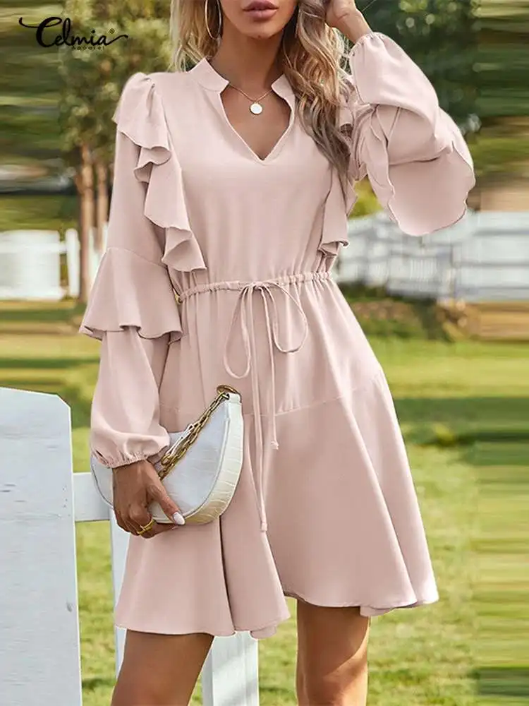 

Женский плиссированный сарафан Celmia с V-образным вырезом, Модные расклешенные мини-платья, элегантные бандажные платья с длинным рукавом, ул...