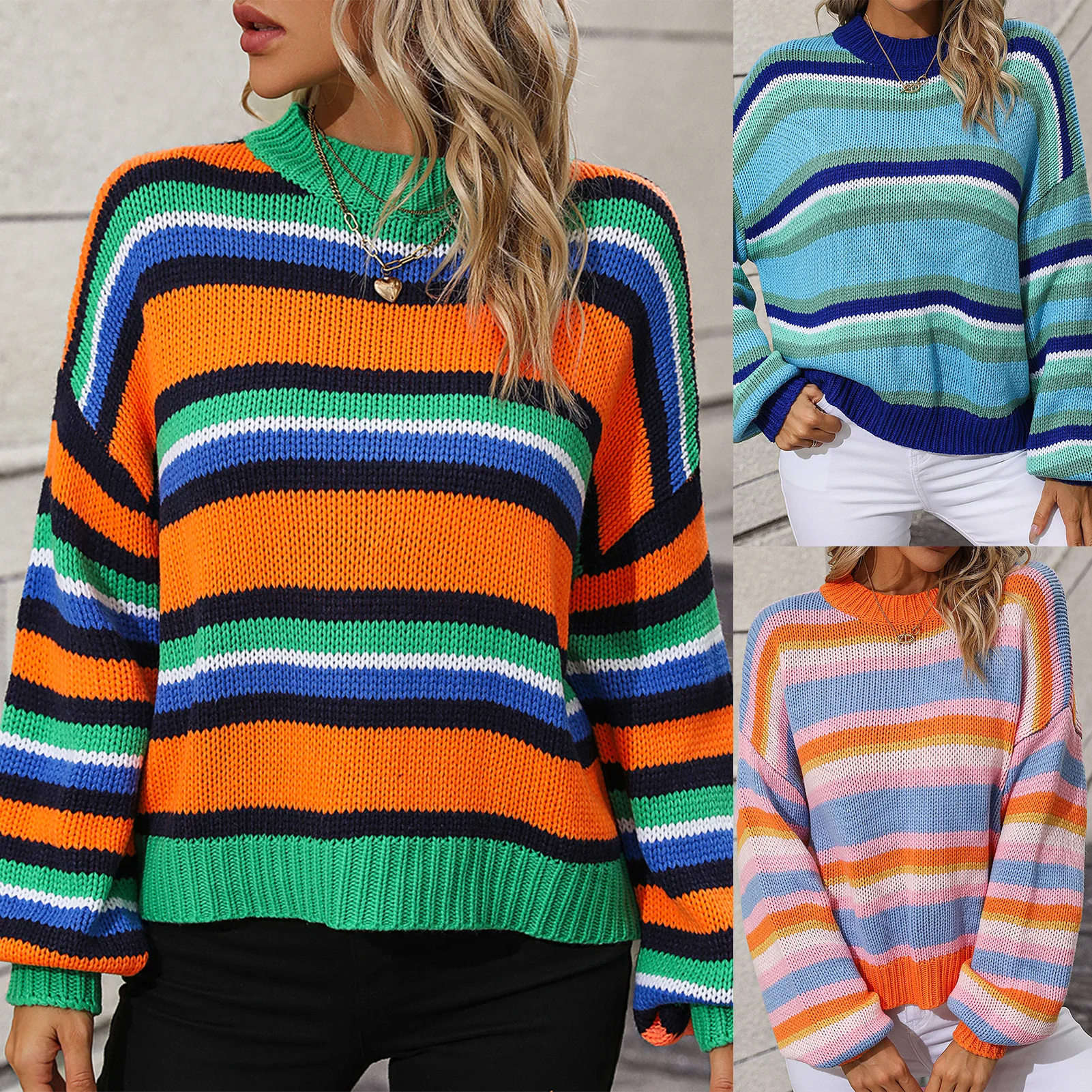 

Autumn Winter Color Block Striped Sweaters Women Loose Pullover Tops Casual Long Flared Sleeves Round Collar Knit Tops Bohemian