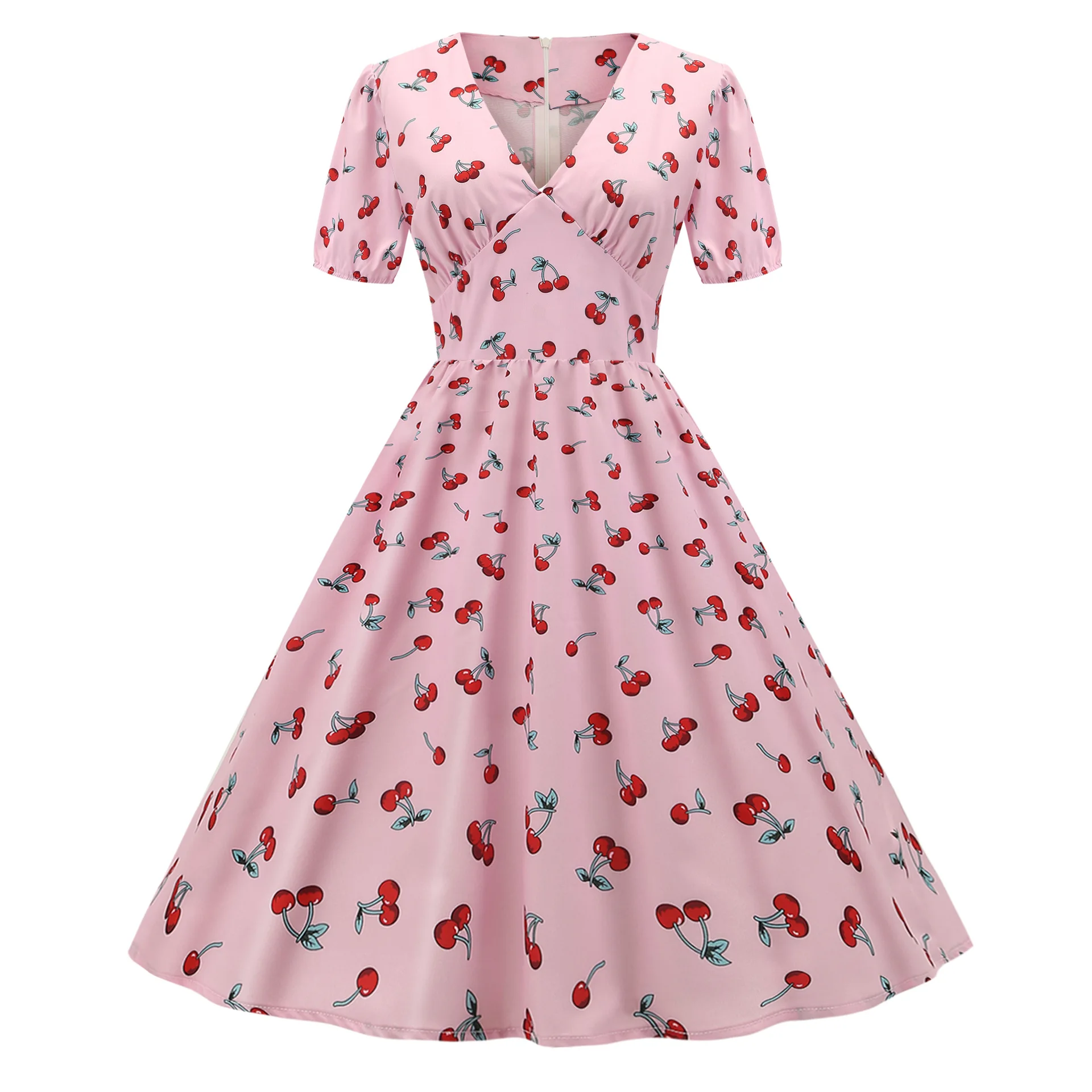 

2021 fashion women's new pink waist puff sleeve cherry print dress gray22