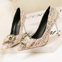 2022 new female high heels shoes 9cm high heels fashion color matching women shoes stiletto rhinestone buckle pointed toe shoes