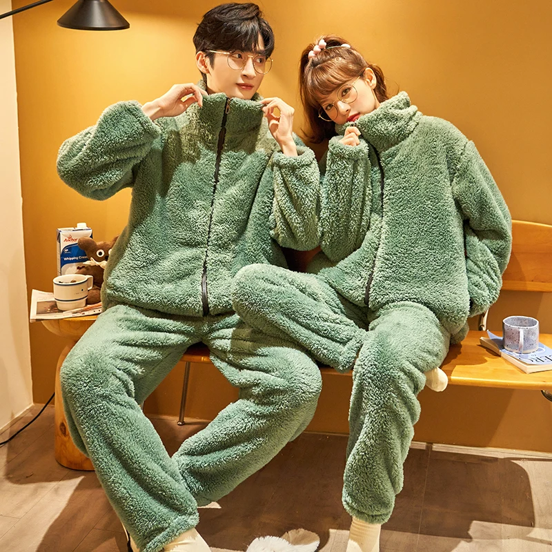 Autumn Winter Warm Flannel Zipper Couple Pajamas Set Women Sleepwear Family Pijama Lover Homewear Cloth Women Casual Men Pyjamas