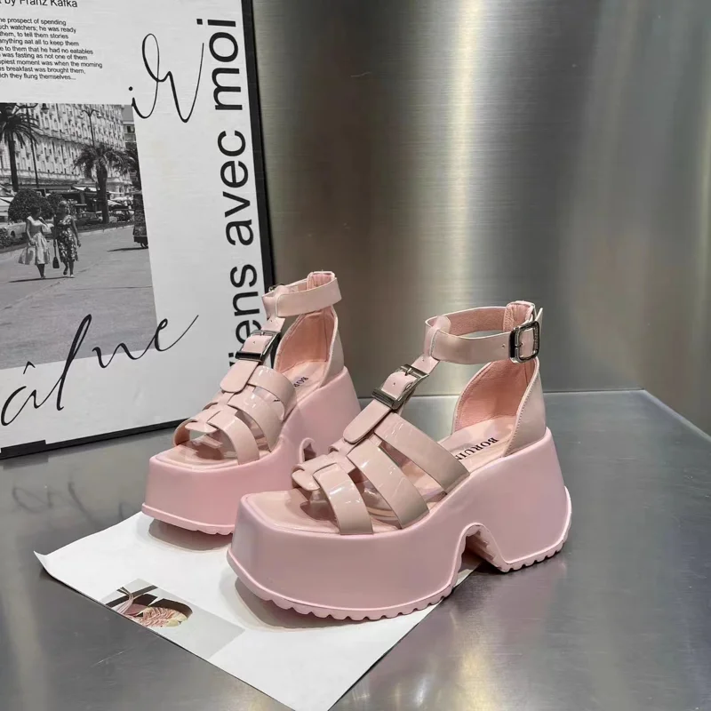 Summer Women Shoes Apricot Black Genuine Leather Roman Sandals Buckle Strap Open-Toe Thick High Heels Casual Lady Sandal