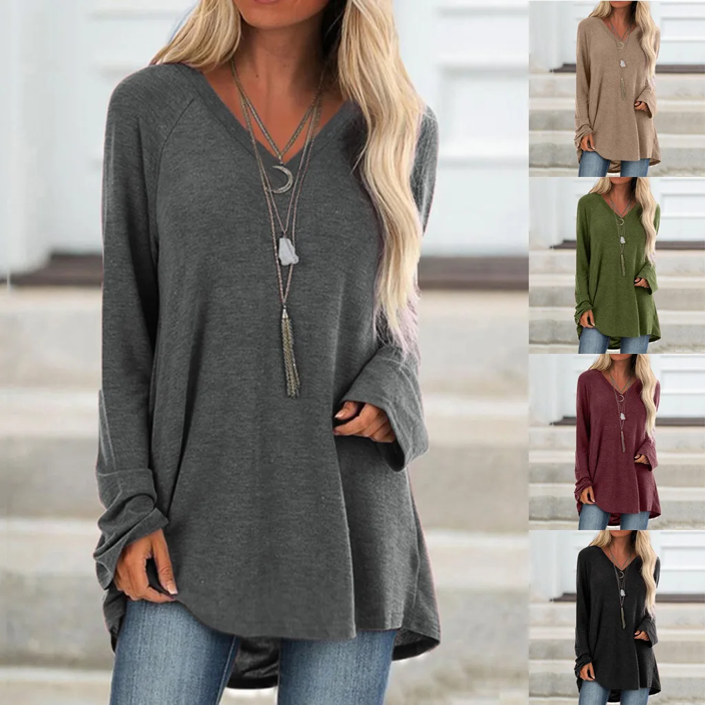 Купи Autumn 2022 best selling solid color casual large size V-neck loose long sleeve pullover t-shirt in long T-shirt за 673 рублей в магазине AliExpress