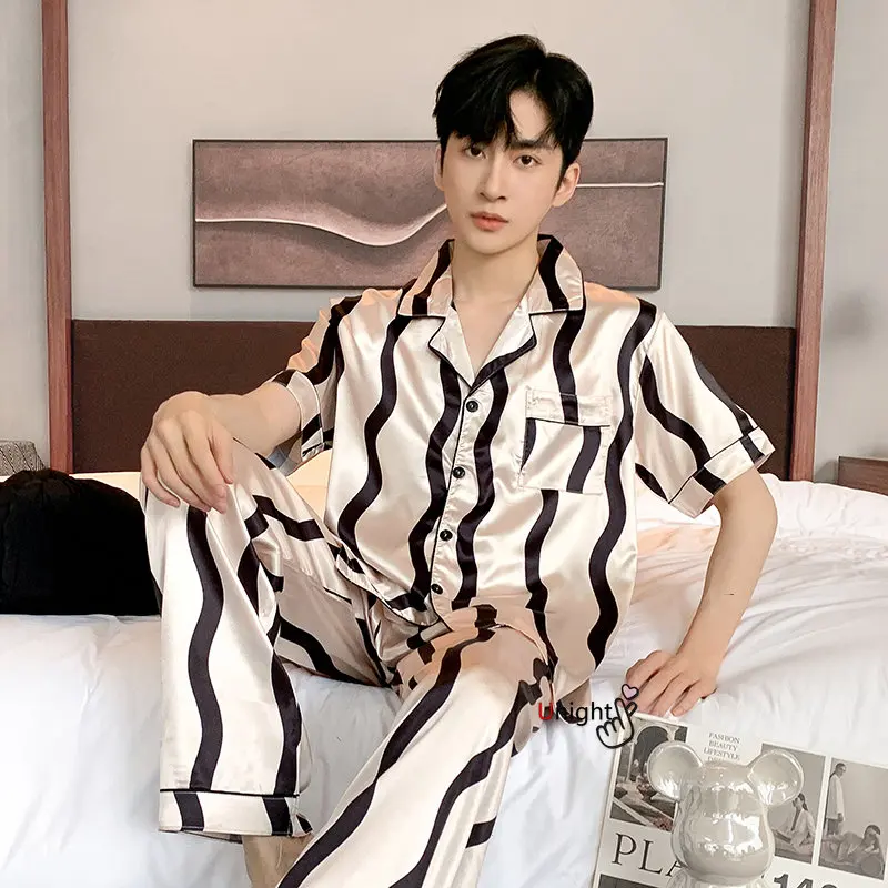 Spring Summer Man Pajama Sets Silk Sleepwear Pajamas for Men Plus Size Home Clothing Pyjamas Suit Home Wear Loungewear Homesuits