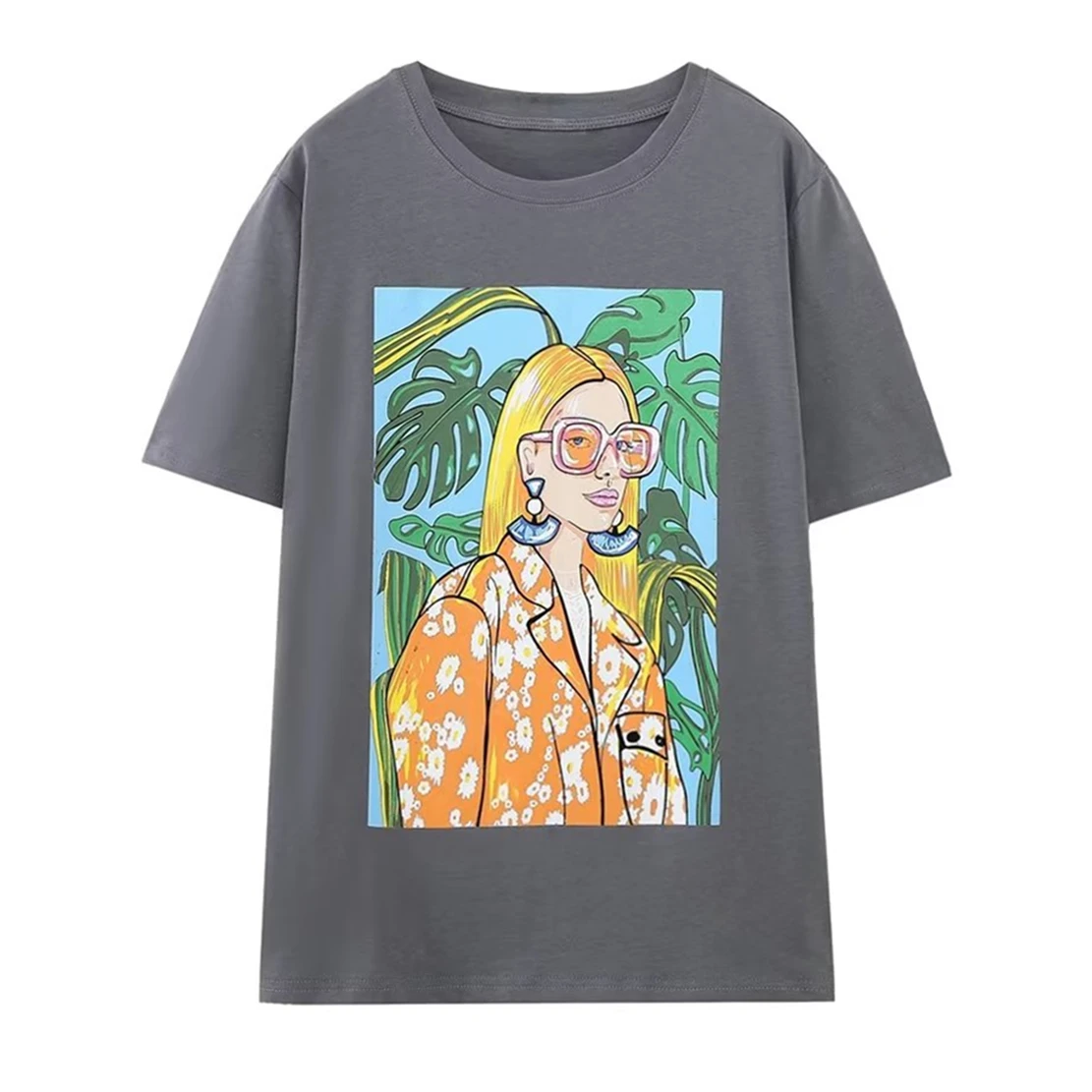 

Elmsk High Street Fashion Girls Printing Round Neck Cotton Casual Tops 2023 Summer Tshirts Women