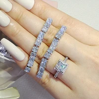 2pcs pack silver color bride jewelry set halo engagement ring round stud earring for wedding gift j7590