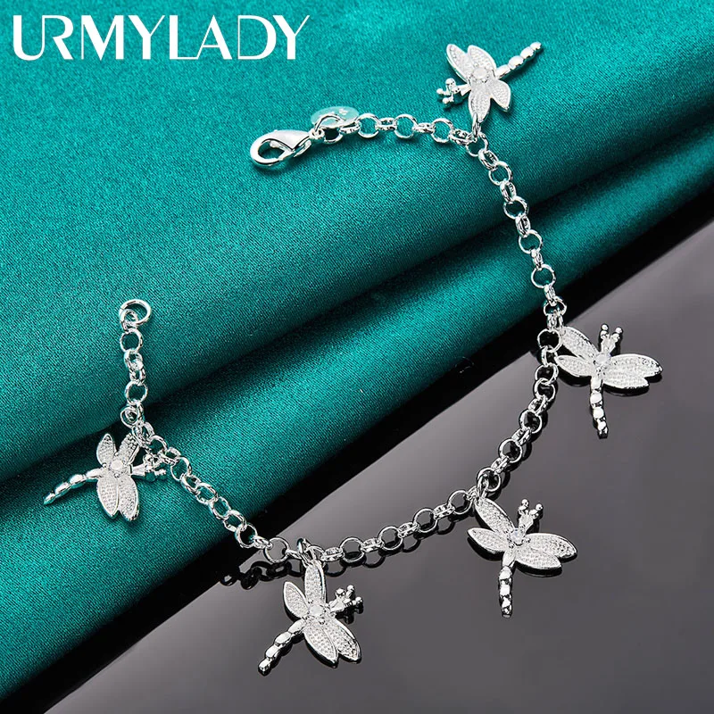 

URMYLADY 925 Sterling Silver Five Dragonfly Charm Bracelet Chain For Women Wedding Engagement Party Fashion Jewelry