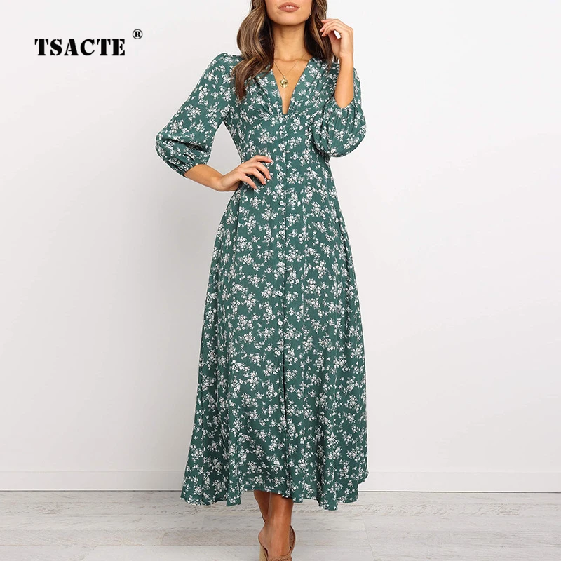 

2023 Summer New Arrivals Sweet and Fresh Fragmented Flower Print V-neck 3/4 Sleeve High Waist Chiffon Large Swing Women's Dress