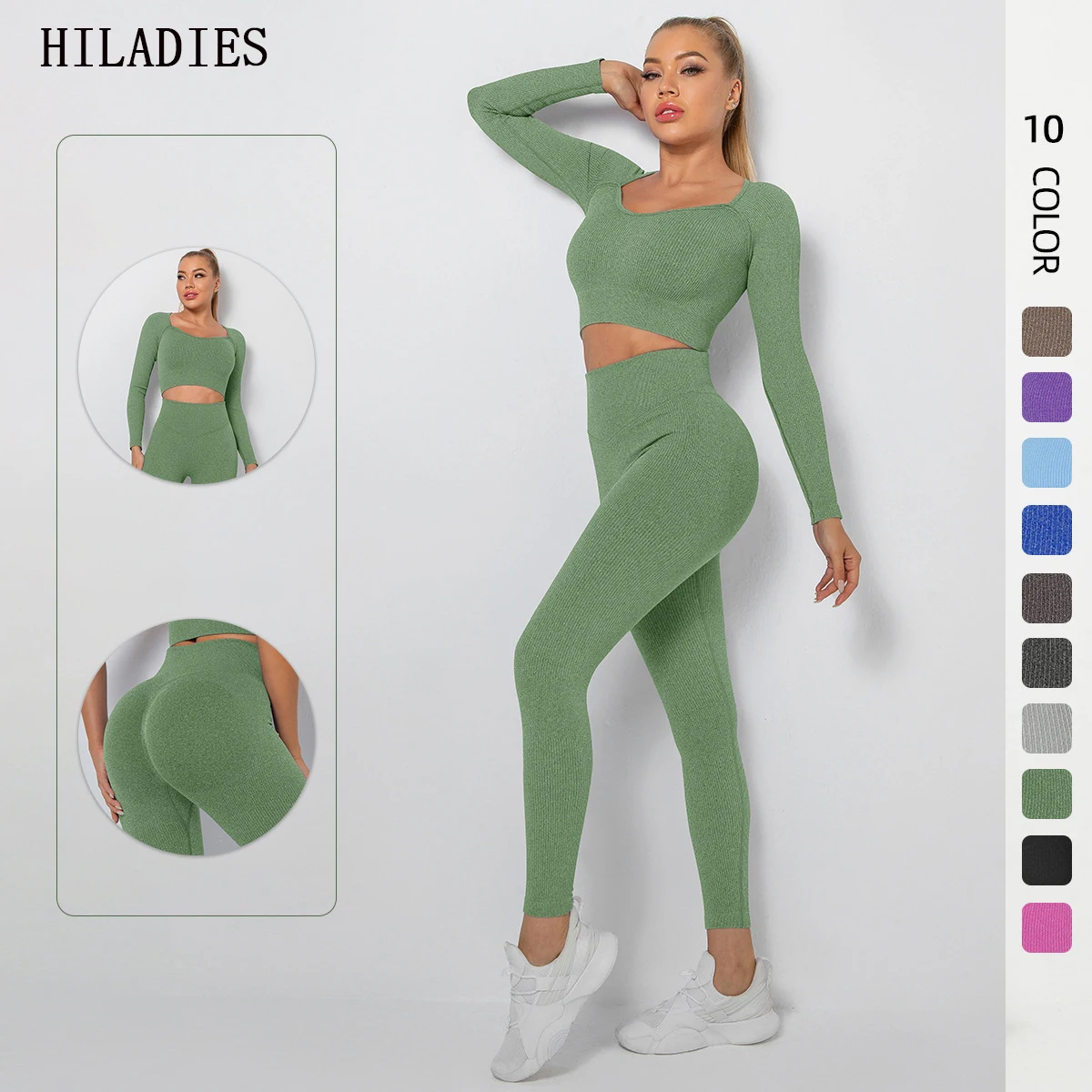 

Long Sleeve Yoga Suit Two Piece Set Women Seamless Leggings High Waist Push Up Scrunch Butt Fitness Pants Gym Active Wear Women