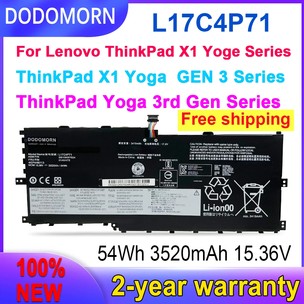 DODOMORN 100% новый аккумулятор для ноутбука L17C4P71 L17M4P71 Lenovo ThinkPad X1 YOGA GEN 3 2018 01AV475 SB10K97623