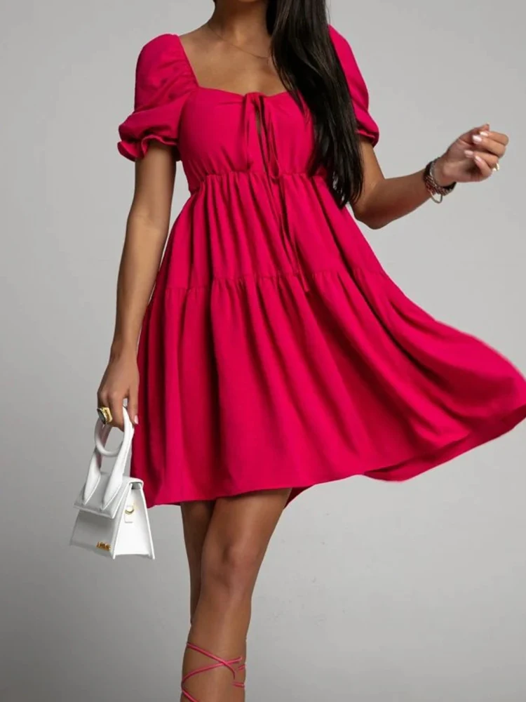 

Женское ажурное плиссированвечерние платье с коротким рукавом, новое летнее однотонное повседневное праздничное платье, свободное платье ...