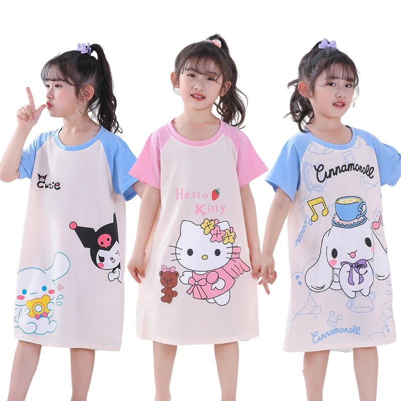 

Kawaii Sanrio Summer Girl Sweet My Melody Pure Cotton Loose Nightdress Cute Cinnamoroll Cartoon Children's Pajamas Homewear Gift