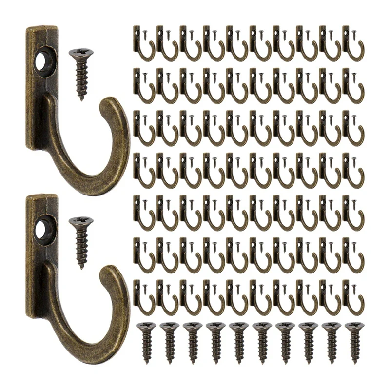 

100 Pieces Wall Mounted Single Hook Robe Hooks Coat Hooks and 100 Pieces Screws for Hanging Key Hooks Jewelry (Bronze)