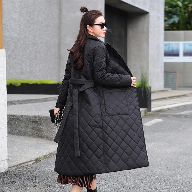 2023 New Woman Jacket Parkas X-long Belted Space Cotton Diamond Plaid Coat Down Women's Over The Knee Winter Clothing Warm Coats
