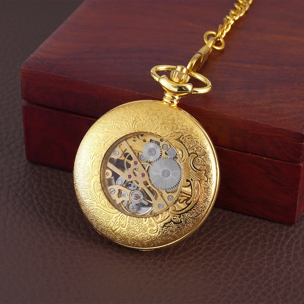Luxury Gold Eagle Mechanical Pocket Watch for Men Women Hollow Skeleton Bird Case Roman Numeral Dial Man Fob Chain Pendant Clock
