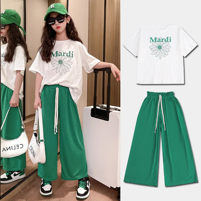 Корейская версия комплект для девочек летняя одежда хлопковая Футболка с