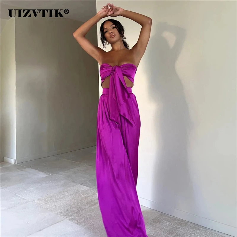 

Women's Tracksuit 2022 Summer Sexy Short Navel Tube Top High Waist Bag Hip Wide Leg Pants 2 Pieces Set Female Casual Suit Women