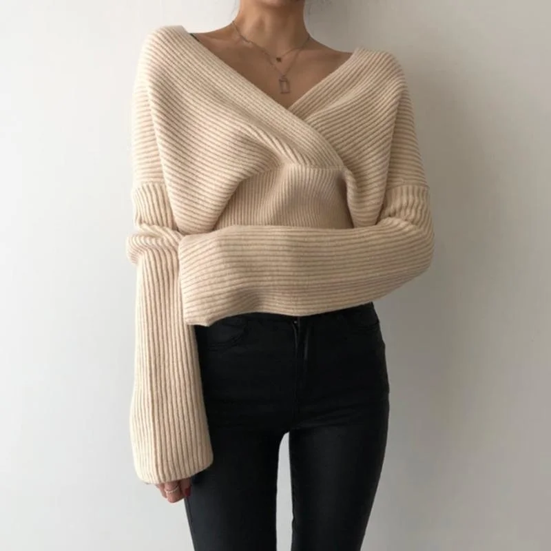 

Autumn Casual Knitted Sweater Sexy V-Neck Long Sleeve Pullover Loose Sweaters Women Fashion Party Clothing