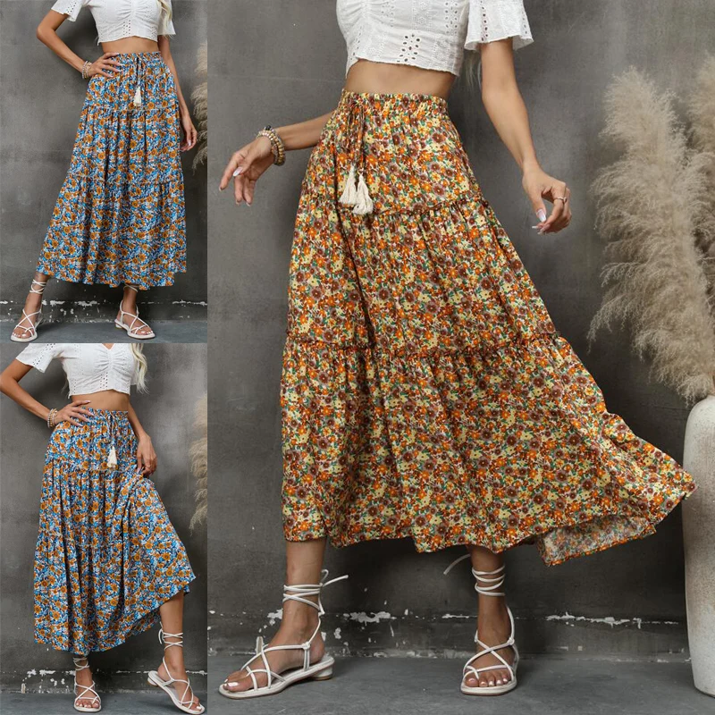 

Rayon Floral Lace Stitching Layered A-line Slim Long Midi Skirt Bohemian Fringed Seaside Holiday Beach Skirt