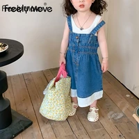 freely move girls dress summer fashion suspenders sleeveless mid calf denim button patchwork casual kids clothes girls 2022