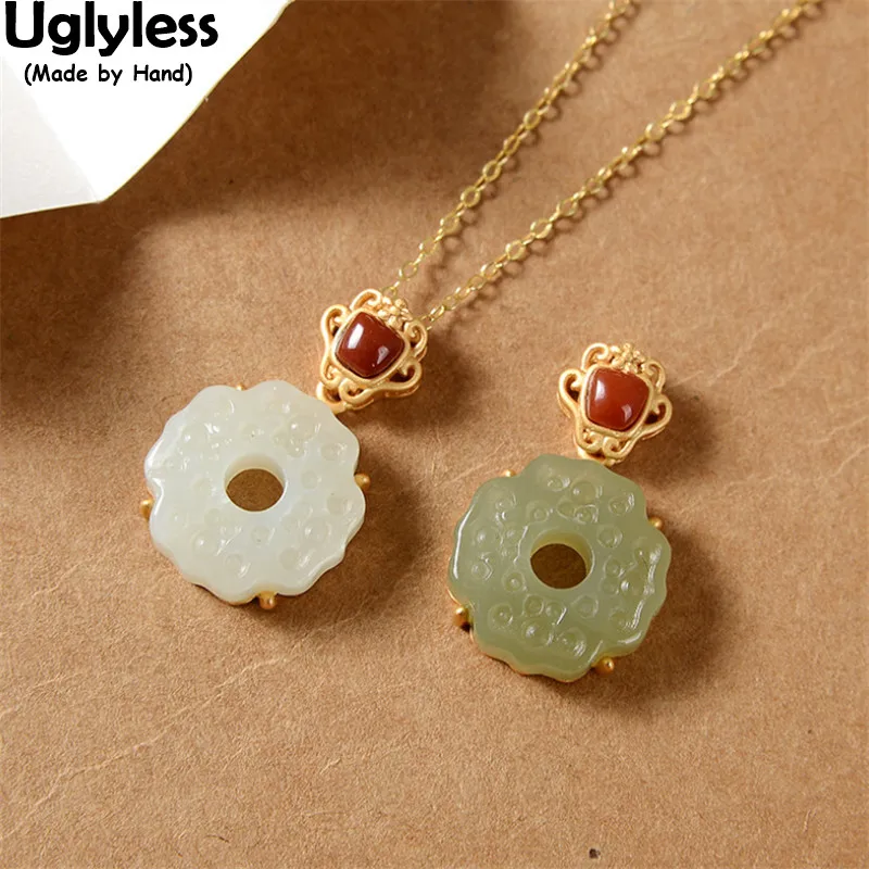 

Uglyless Carved Vintage Patterns Clover Jade Pendants for Women Ethnic Dress Necklaces No Chain Peace Buttons 925 Silver Jewelry