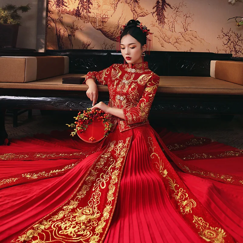 Traditional Women Red Embroidery Qipao Classic Mandarin Collar Cheongsam Marriage Suit Chinese Wedding Dress Vestidos
