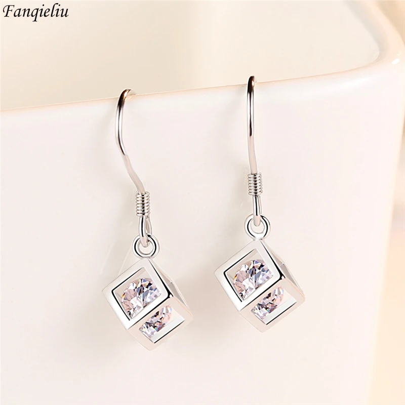 

Fanqieliu 925 Silver Needle Fashion Jewelry Hollow Square Box Crystal Zircon Drop Earrings For Woman New FQL23540