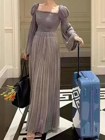 Fashion Women Vintage Party Prom Long Dress Spring Casual Slim Pleated Birthday Evening Vestidos Female Wedding Mujers Robe New