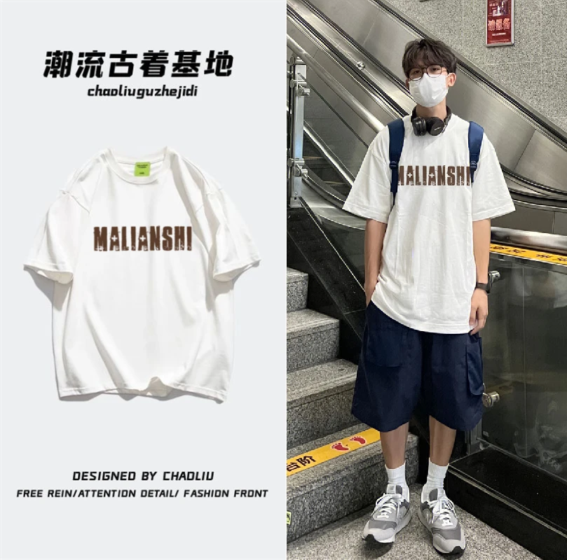 00% Heavy Pure Cotton 2024 Summer Trendy Brand Letters Print Short sleeve T-shirt Men's Loose Couple All-Match Tee