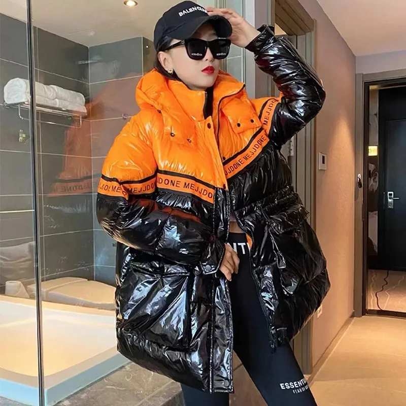 Down Jacket Women's 2022 Winter New Mid-Length Hooded Coat Bright Color Matching Waist Loose White Duck Feather Parkas Female