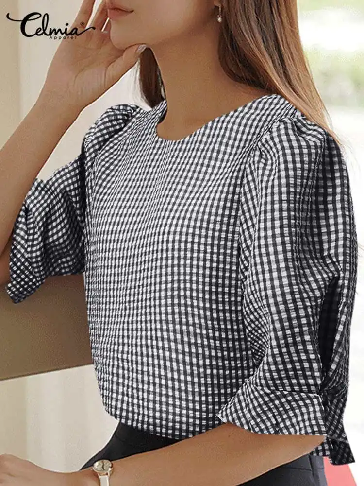 

Women Plaid Blouses Celmia Elegant Round Neck Puff Half Sleeve Shirt Korean Summer Fashion Thin Tops Casual Sweet Ladies Blusas
