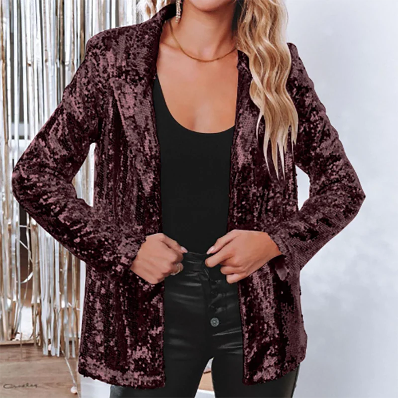 Женское облегающее пальто с блестками и длинным рукавом