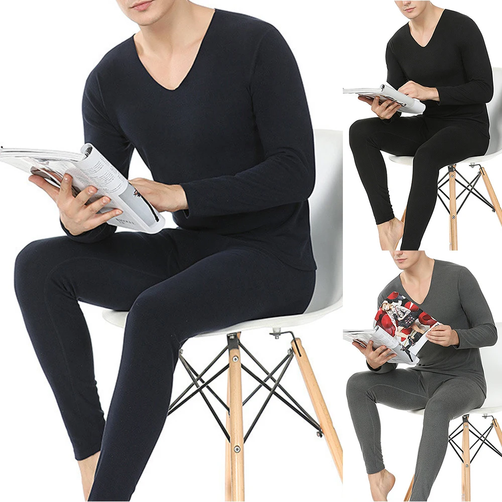 

Men's Thermal Underwear Double-sided Abrasion Slim V-neck Fall Clothes And Pants Set Bottoming Shirt Plus Velvet Thickening Set