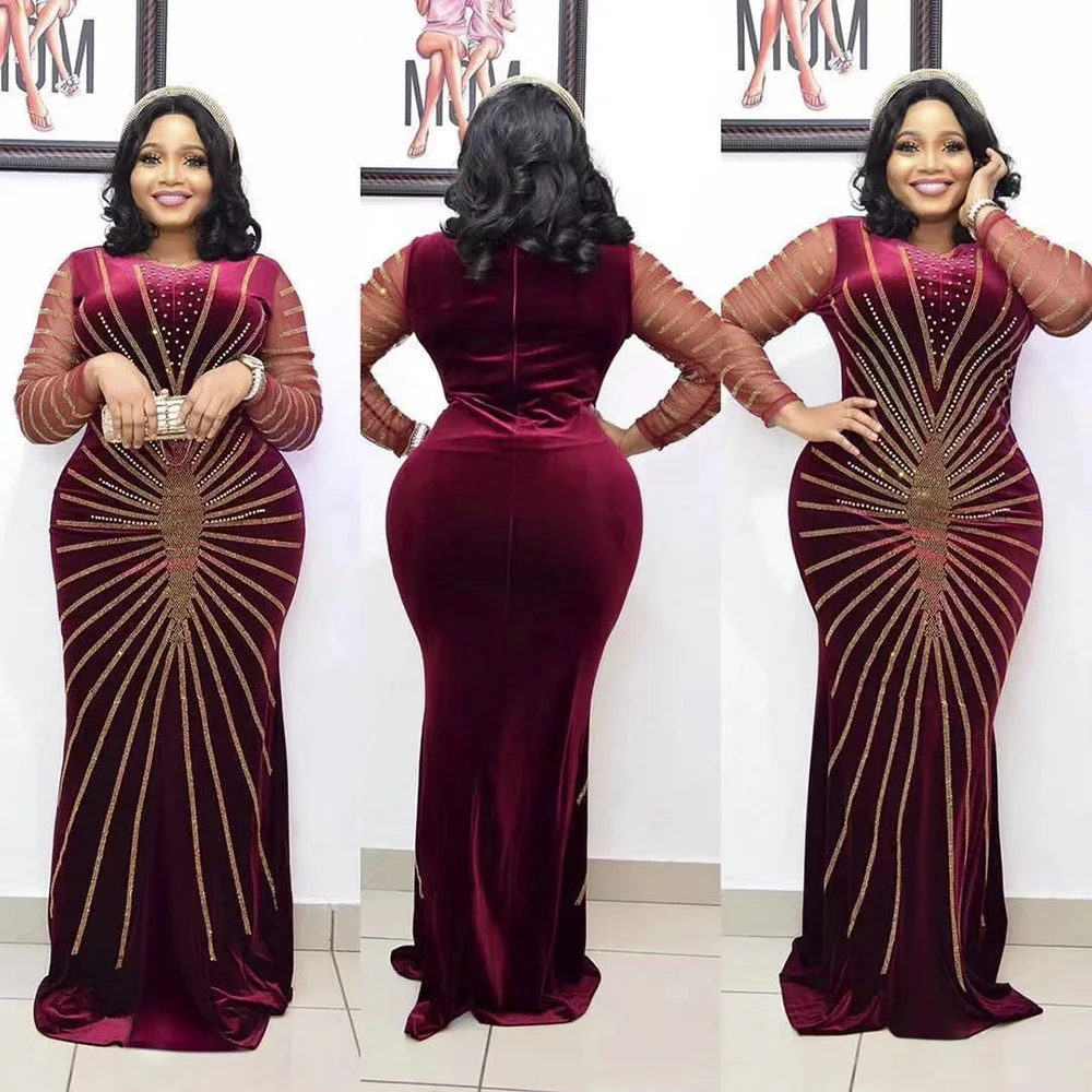 

African Clothes Womens Sexy Beading Long Sleeve Slim Evening Party Dress Clothing For Women Caftan Long Dresses 3XL