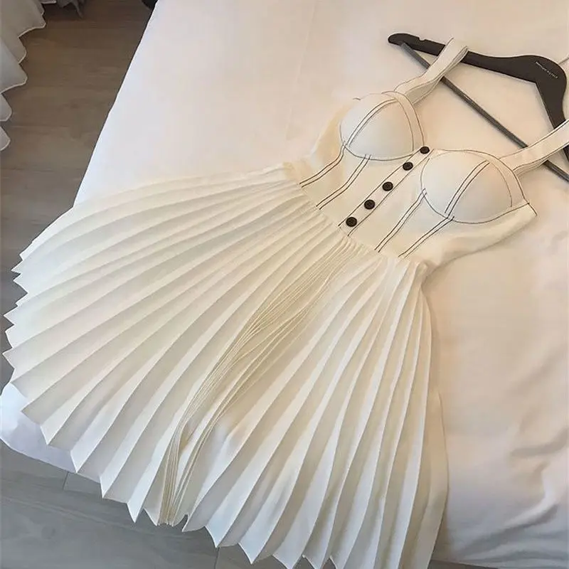 Купи Pleated Strap Dress For Women Sexy Elegant White Tube Backless Dress Single-breasted Summer Party Spaghetti Sundress Vestido за 982 рублей в магазине AliExpress