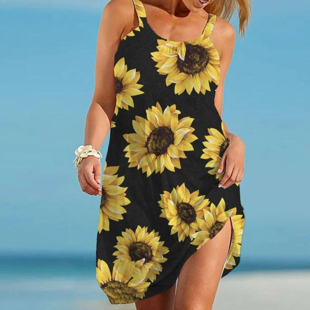 

Sunflower 3D Print Sexy Women Beach Dresses Hawaii Boho O-Neck Sleeveless Dress Summer Holiday Hem Loose Beachwear Female Dresse