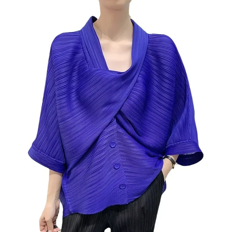 Оригинальная плиссированная короткая куртка ALSEY Miyake для женщин, весна-лето 2024, новинка, Свободный Повседневный Топ с рукавом в семь минут и воротником-шарфом (art.: 3920c4e7a71cf) - 3920c4e7a71cf