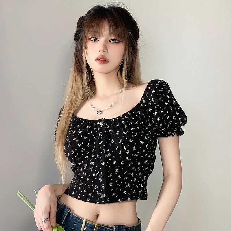 

Футболка Hikigawa Y2k женская с цветочным принтом, повседневный приталенный модный топ с квадратным вырезом, милая одежда с коротким рукавом, на лето